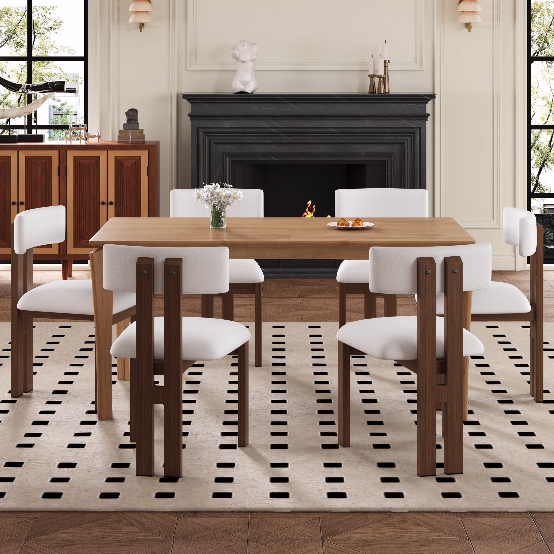 GDF Studio 7-Piece Mid-Century Modern Dining Set with Rectangular Table & 6 Upholstered Chairs, White+Natural