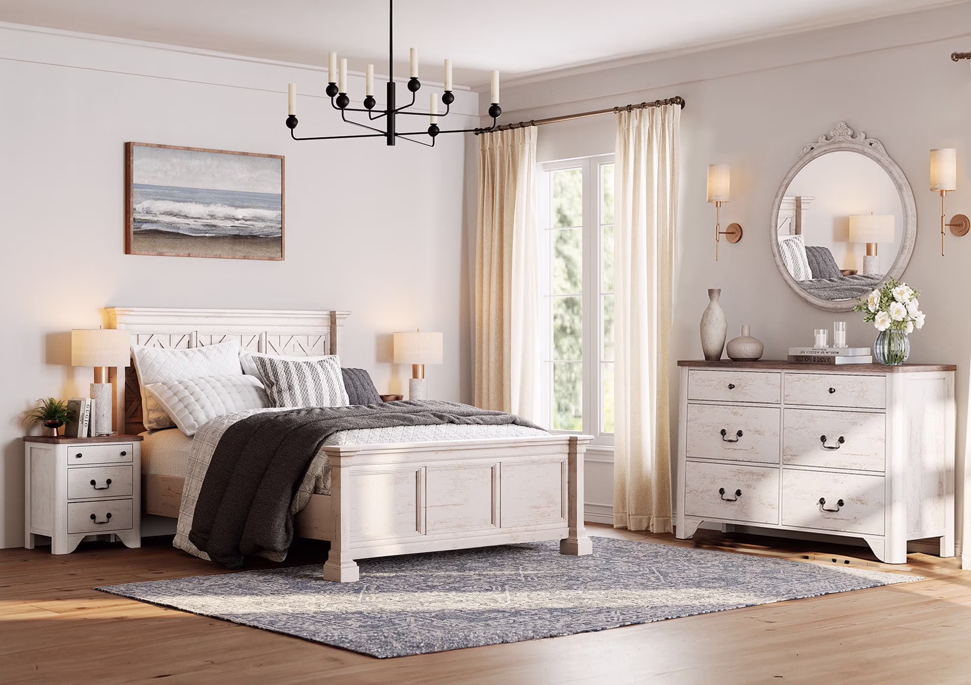 3PCS Farmhouse Dresser Set��White 6-Drawer Dresser For Bedroom And Wood Nightstand Set Of 2 With Charging Station For Bedroom, Living Room, Hallway,Dining Room