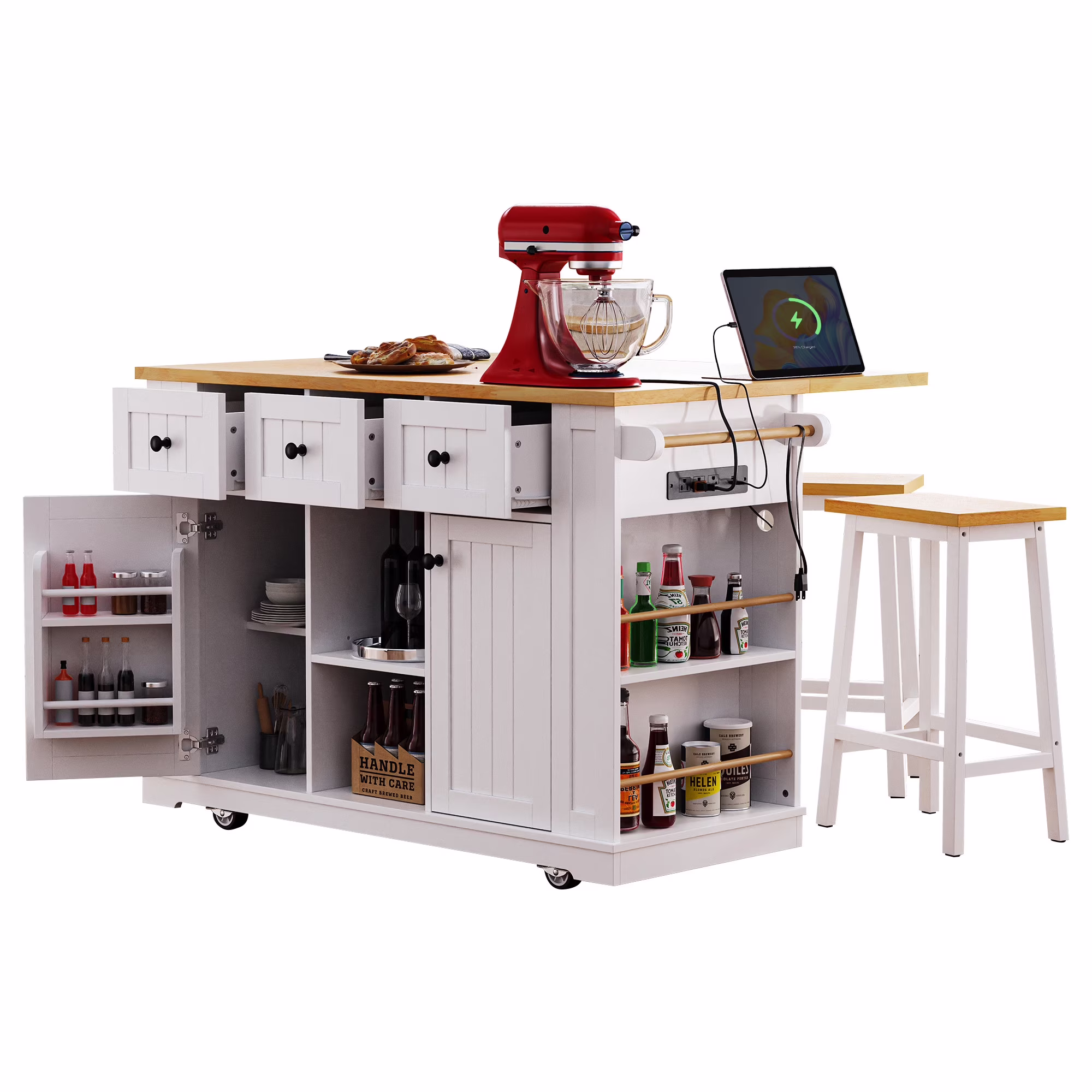 EUROCO 53" Kitchen Island Cart with Power Outlet and 2 Stools, Kitchen Island Set with Drop Leaf, Door Internal Storage Rack, Rolling Kitchen Storage Cart on Wheels with 5 Open Side Racks, 3 Drawers